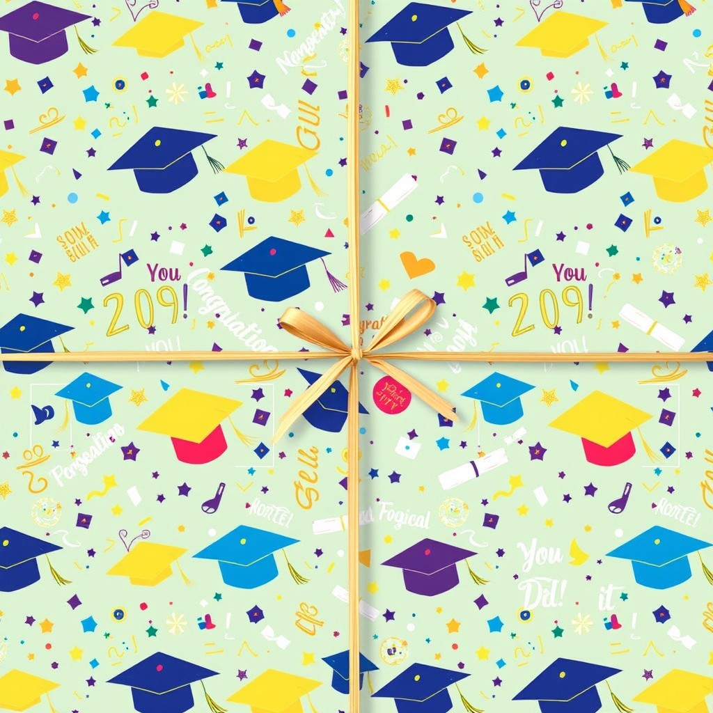 A cheerful and celebratory graduation wrapping paper design featuring various graduation-themed elements