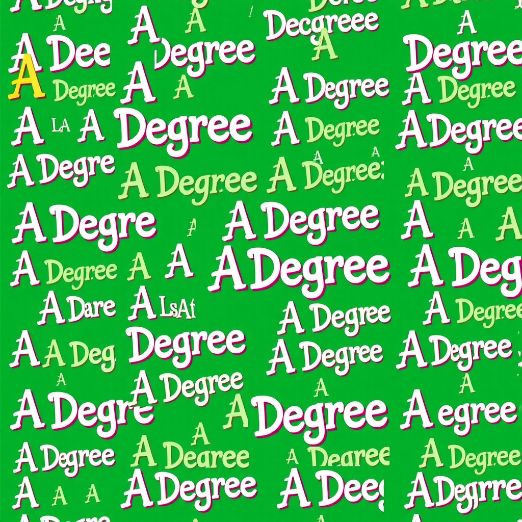 A vibrant green background filled with the phrase 'A Degree' repeated in an artistic and playful manner