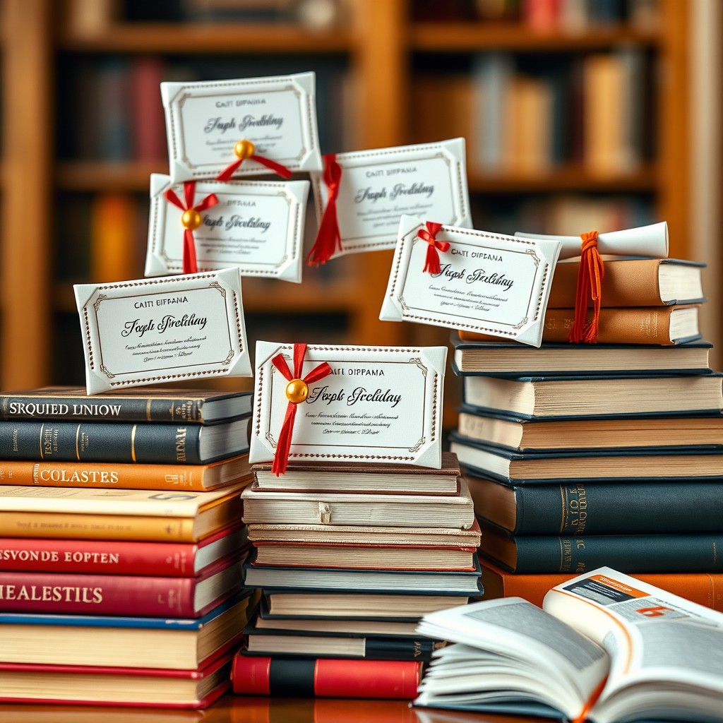 A visually rich scene featuring multiple small diplomas elegantly displayed, along with stacks of diverse books in various colors and sizes