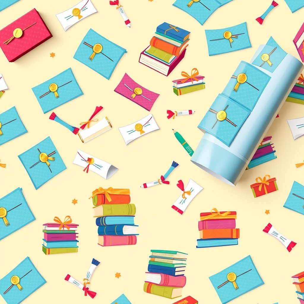 A whimsical wrapping paper design featuring an array of colorful small diplomas and stacks of books