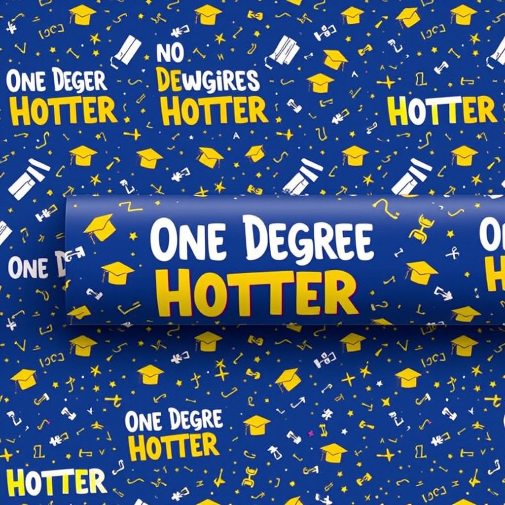 A festive wrapping paper design themed around graduation, featuring the phrase "One Degree Hotter" prominently repeated in a fun, bold font