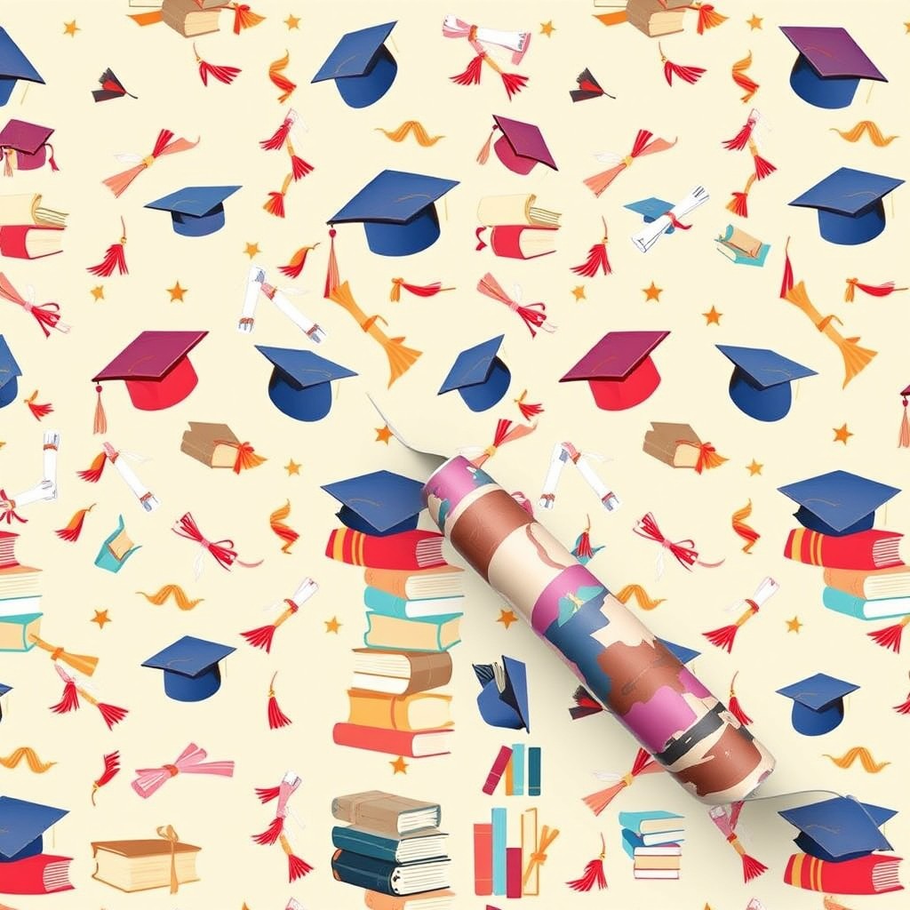 A creative wrapping paper design featuring an imaginative arrangement of graduation hats, diplomas, and stacks of books
