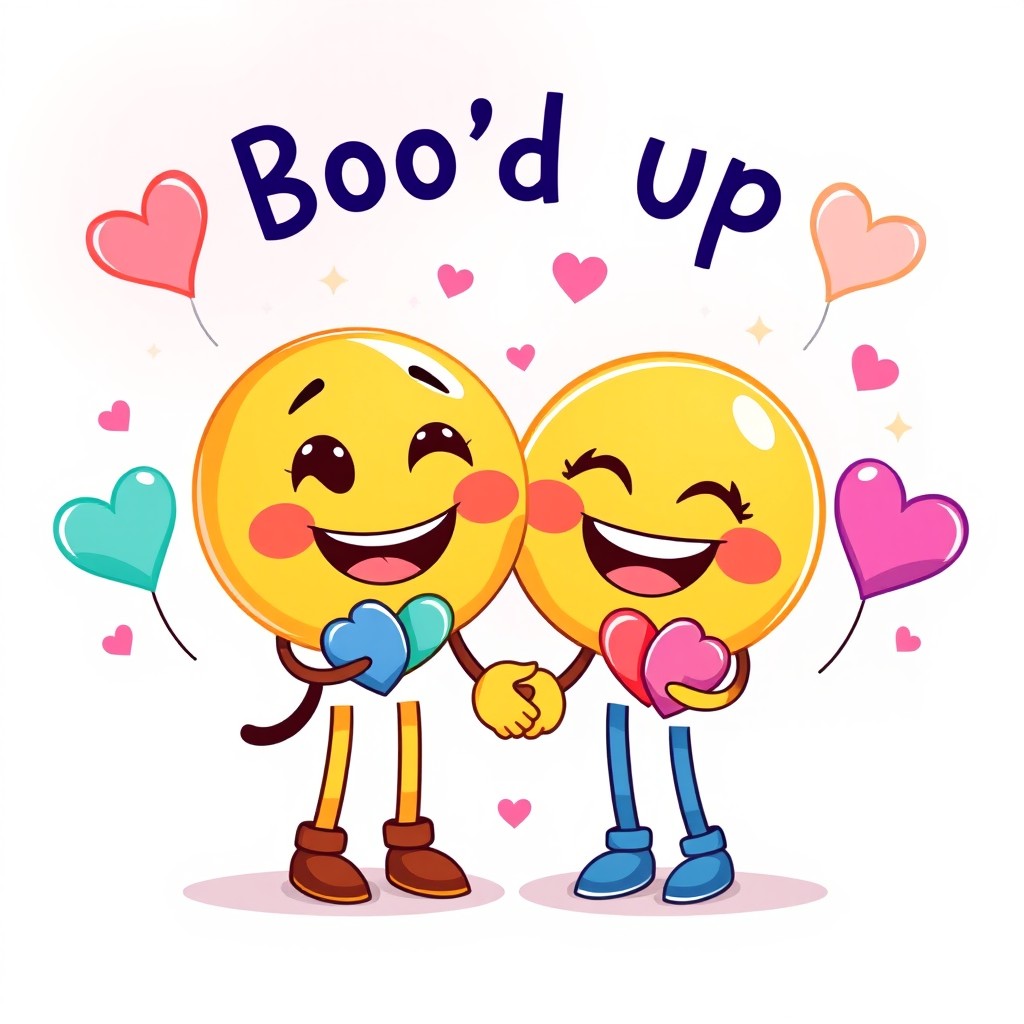 A colorful and charming illustration of heartwarming emoji characters that represent a 'boo'd up' couple