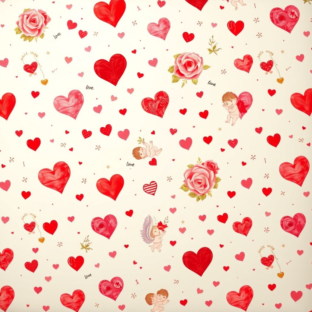 A beautifully designed sheet of Valentine's Day wrapping paper featuring an array of romantic motifs