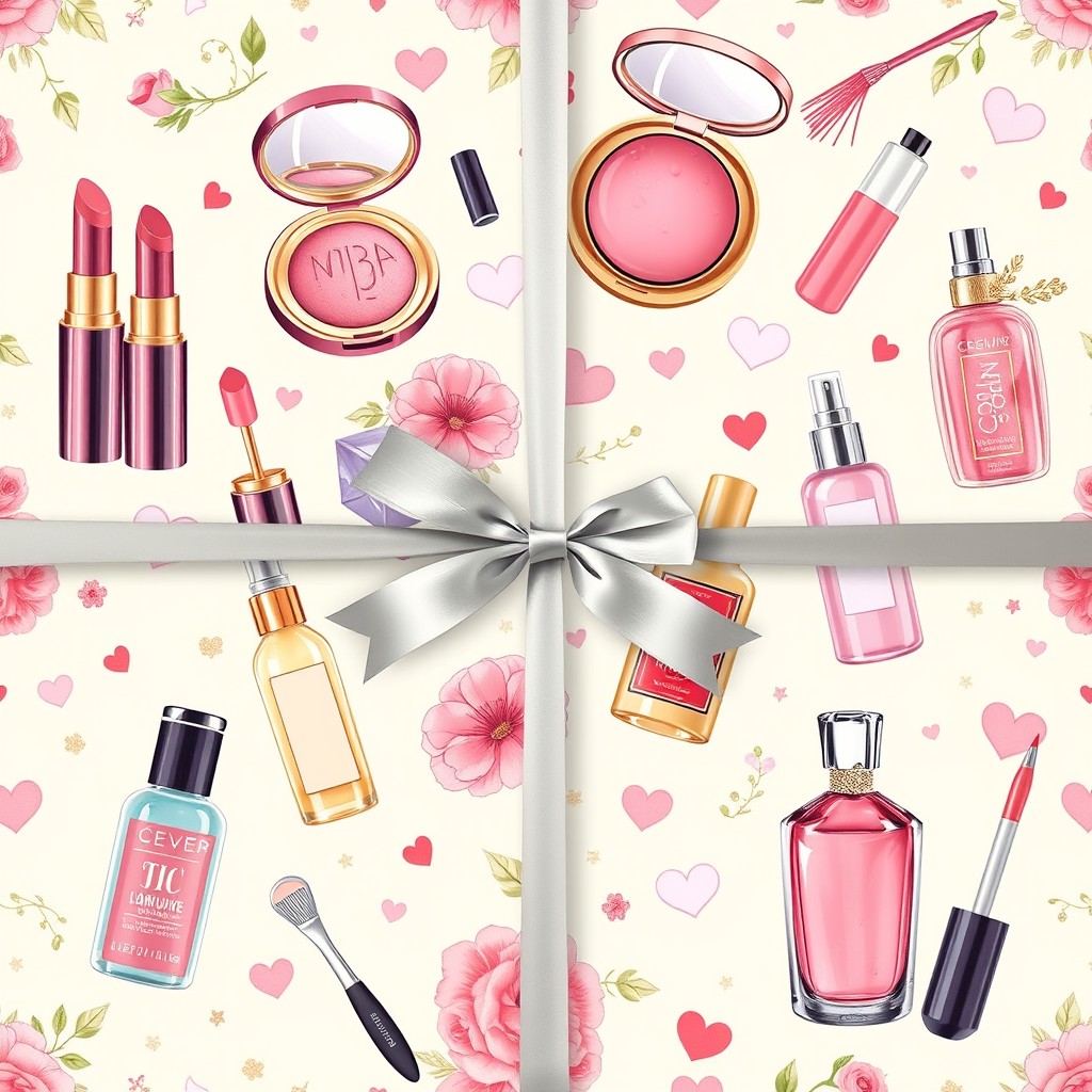 An elegant design for wrapping paper featuring an array of beauty products, including luxurious lipstick tubes, rosy blush compacts, vibrant skincare bottles, and beautifully adorned manicure tools