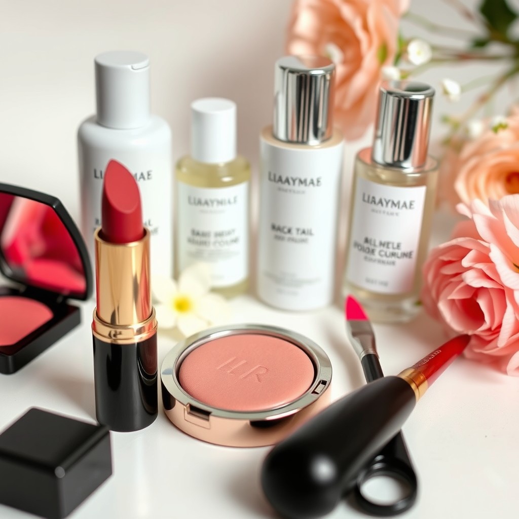 An aesthetically pleasing arrangement of beauty products featuring a luxurious lipstick, a soft blush compact with a rosy hue, elegant skincare bottles with sleek designs, and stylish manicure tools displayed beautifully
