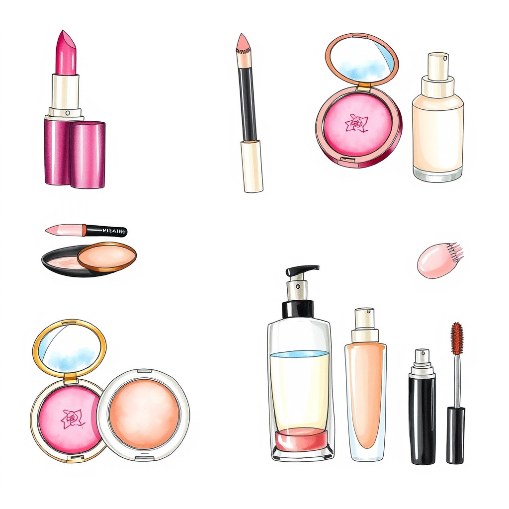 A beautifully illustrated set of drawings showcasing various beauty products including luxurious lipstick, soft blush compacts, elegant skincare bottles, and stylish manicure tools