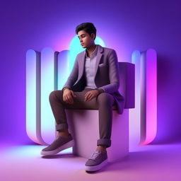 A 3D illustration of a boy in formal attire (coat, shirt, chinos, sneakers) sitting at ease on an Instagram logo. The background is a social media profile page under the username 'SAIKRISH', complete with a harmonizing profile picture.