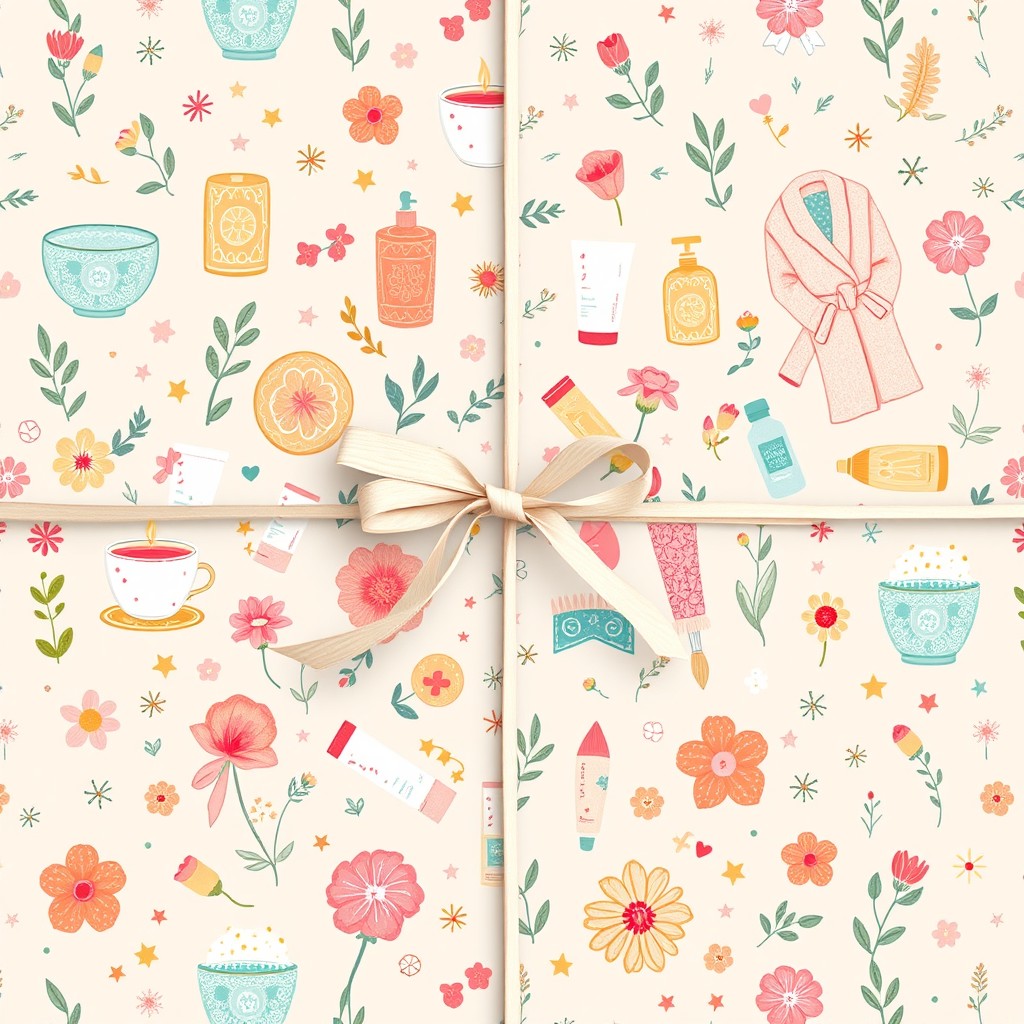 A charming design for self-care themed wrapping paper, capturing the essence of relaxation and beauty