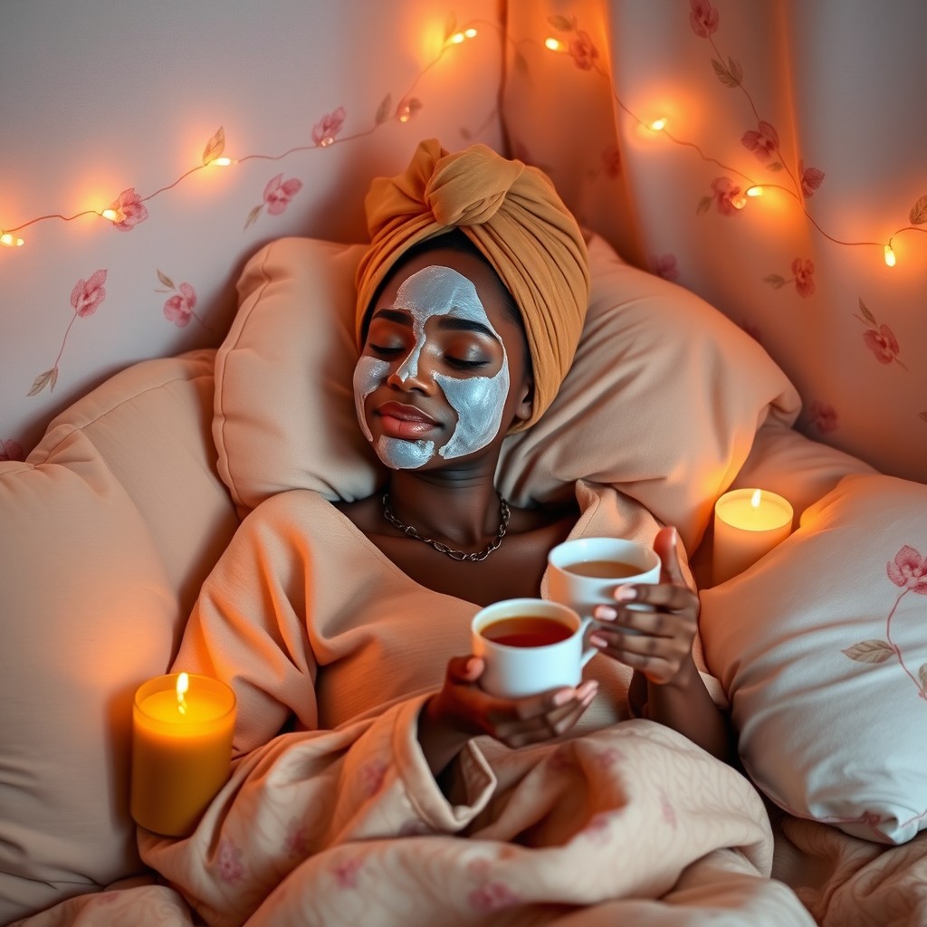 A warm and inviting scene featuring a Black girl indulging in a self-care routine