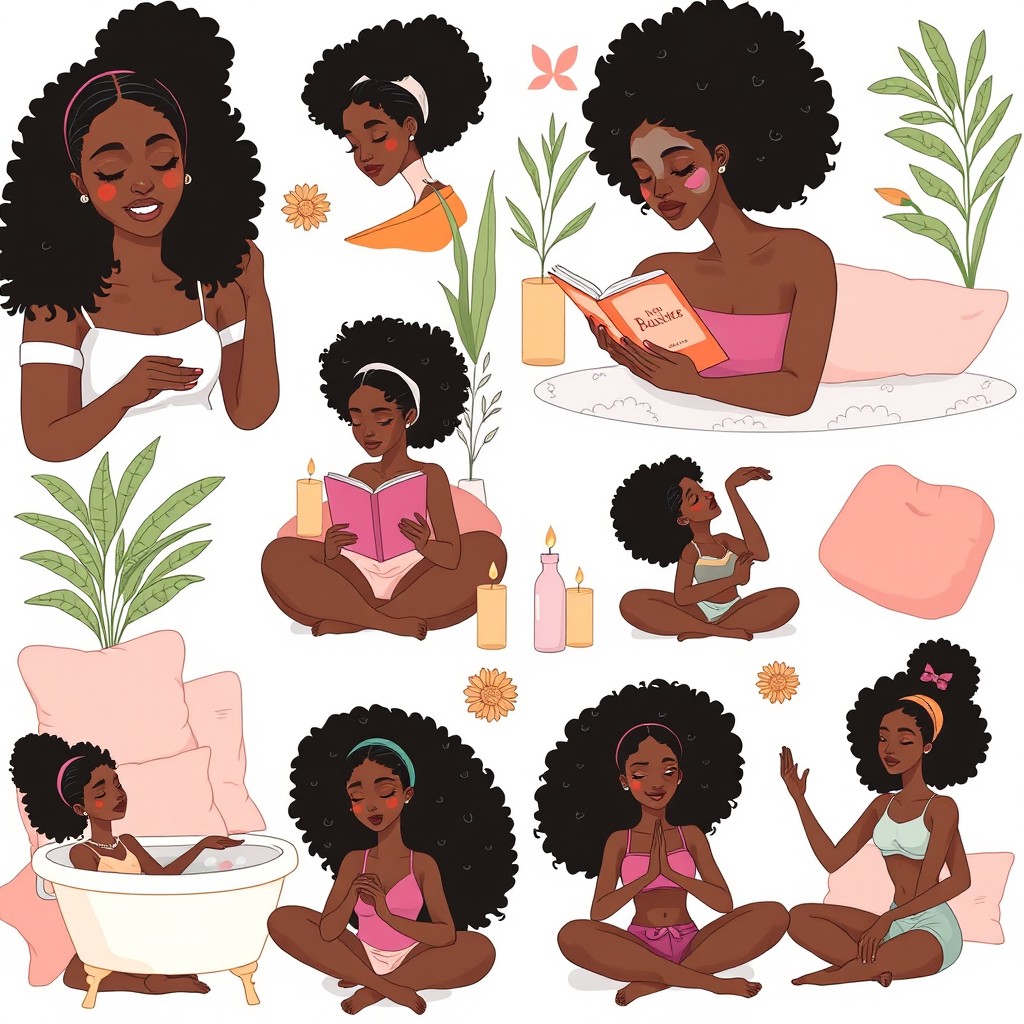 A collection of artistic drawings featuring a Black girl engaged in various self-care activities