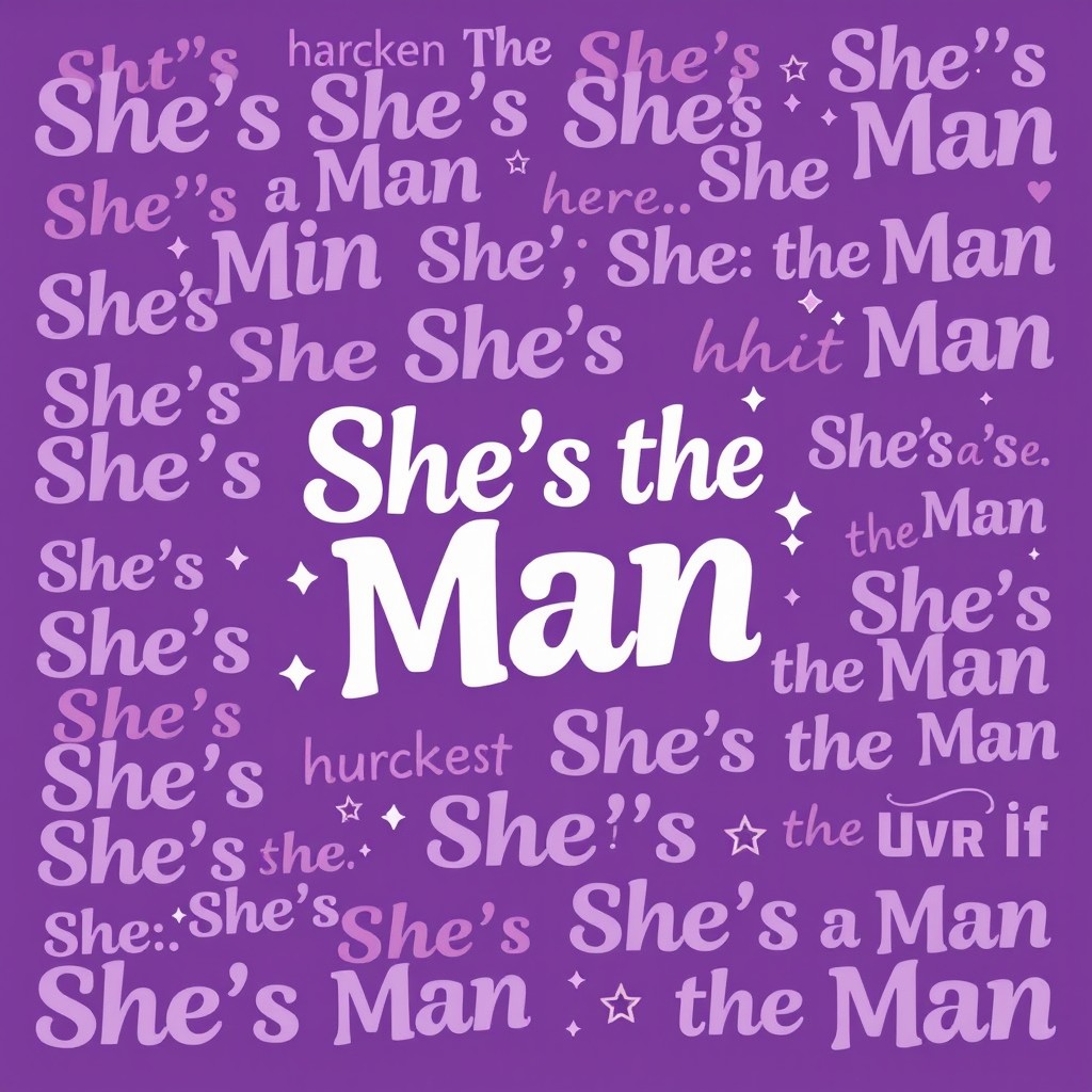 An artistic design featuring a purple background adorned with the quote 'She's the Man' repeated throughout in stylish typography