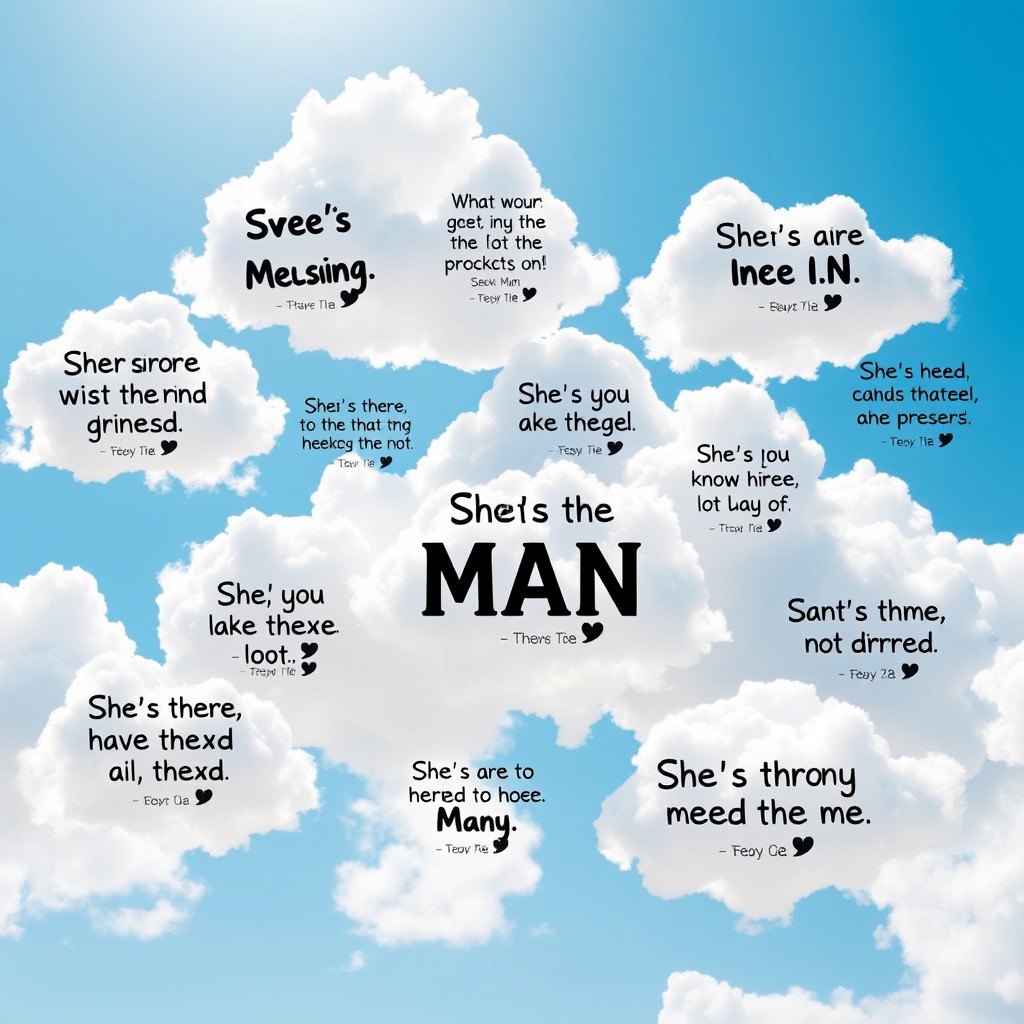 A whimsical design showcasing multiple quotes from 'She's the Man' artistically placed among fluffy, white clouds against a bright blue sky background