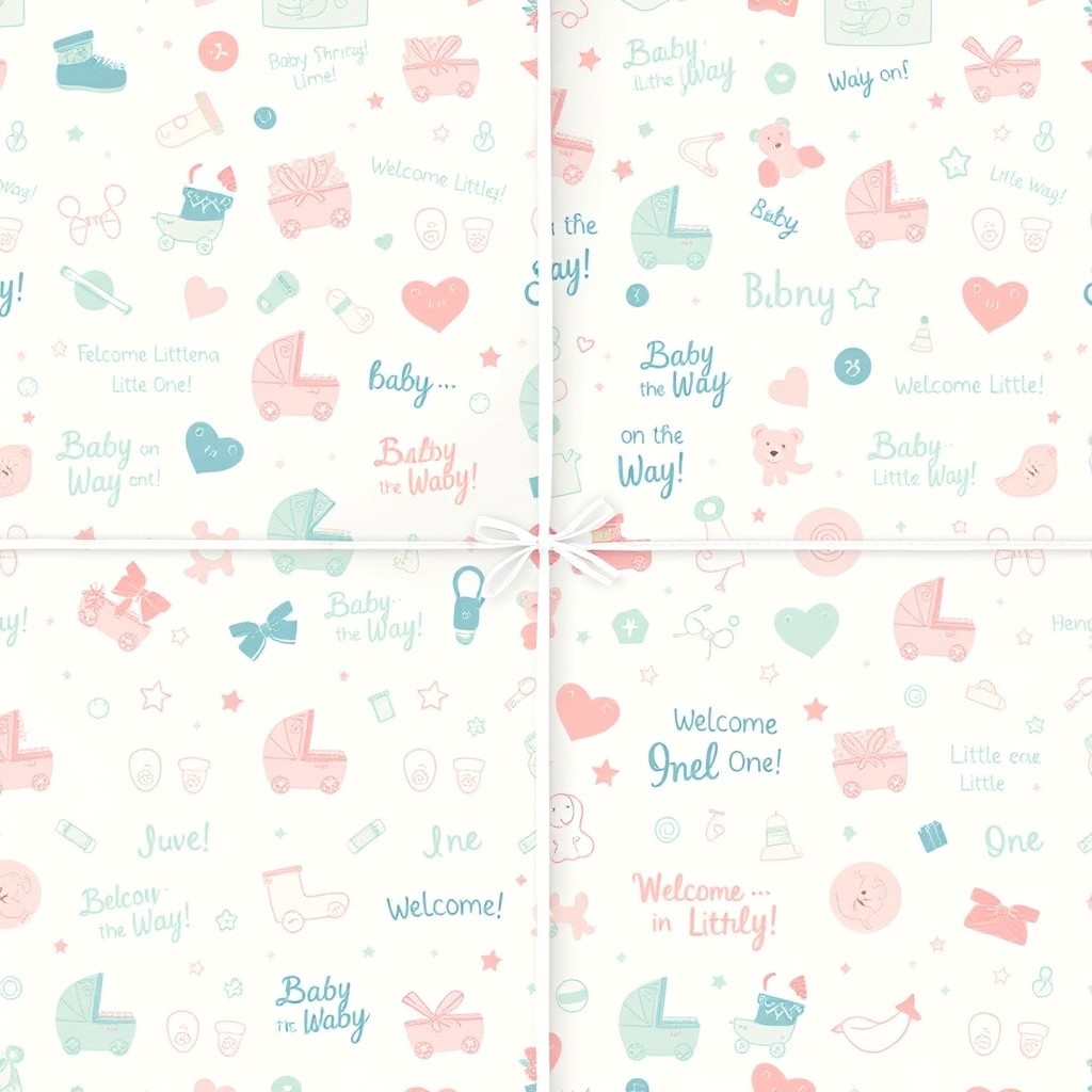 A delightful wrapping paper design celebrating the arrival of a new baby, featuring a pattern of playful baby-themed illustrations