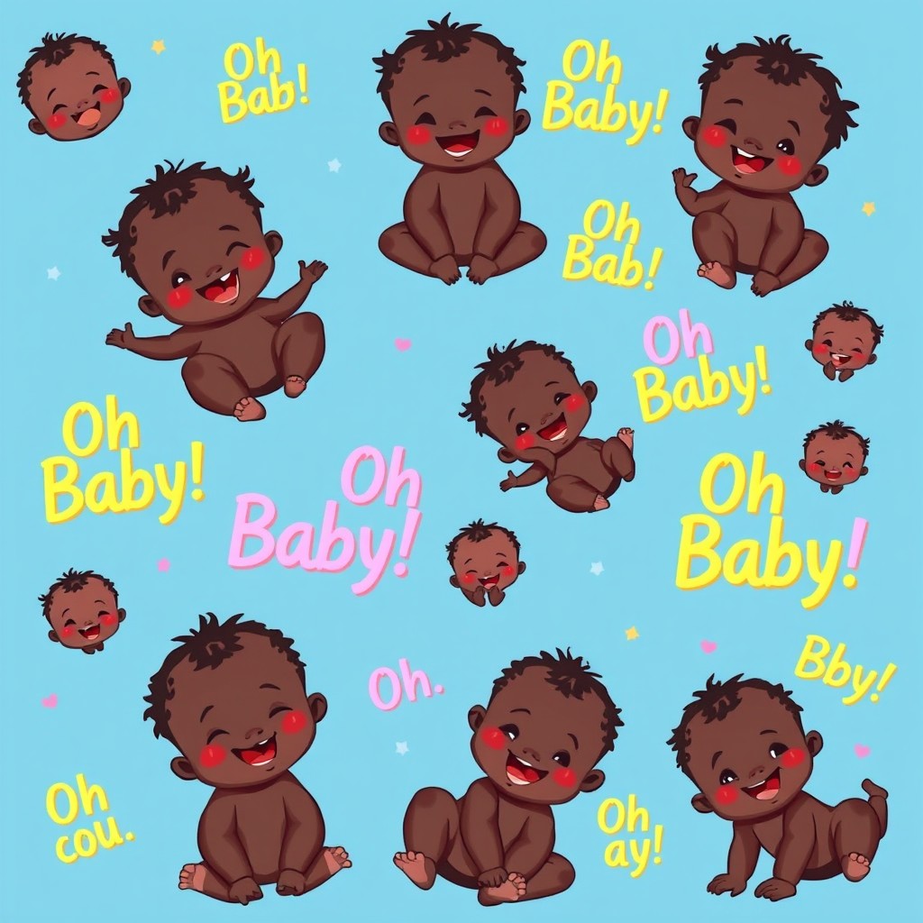 A cheerful illustration featuring multiple adorable black babies with bright smiles, set against a vibrant blue background