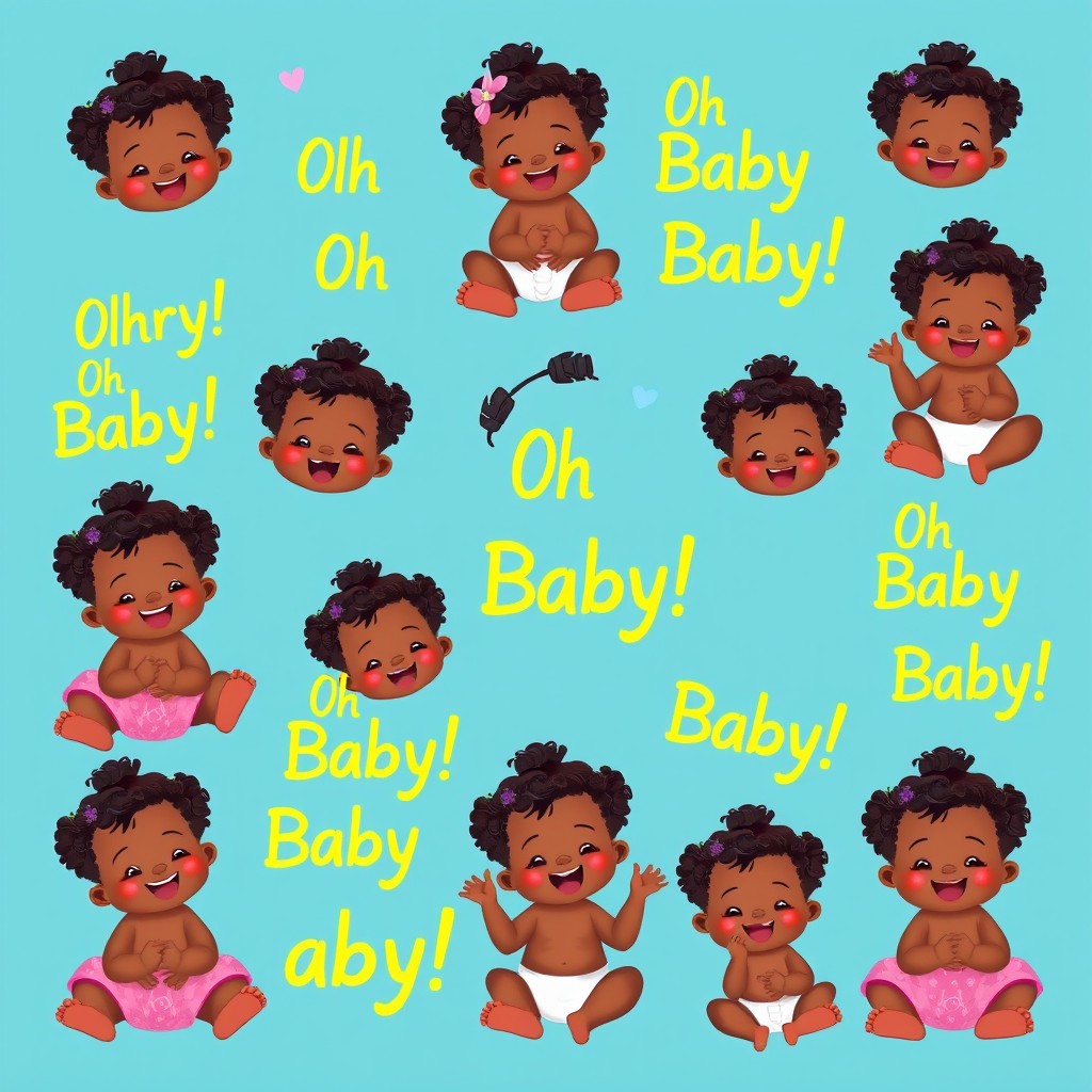 A delightful illustration featuring multiple adorable black girl babies, each with joyful smiles, set against a bright blue background