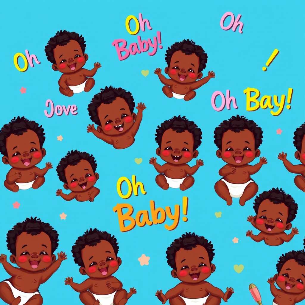 A vibrant design featuring multiple adorable black babies, each with joyful and playful expressions, set against a rich blue background