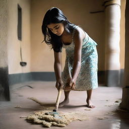 Young Indian girl named Shrusti, 22 years of age, with fair skin, black hair, and skinny arms, mopping the floor inside a traditional Indian house.