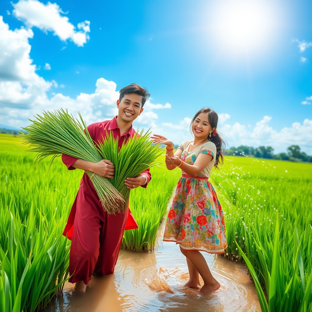 A cute couple happily engaged in pady farming, surrounded by lush green rice fields