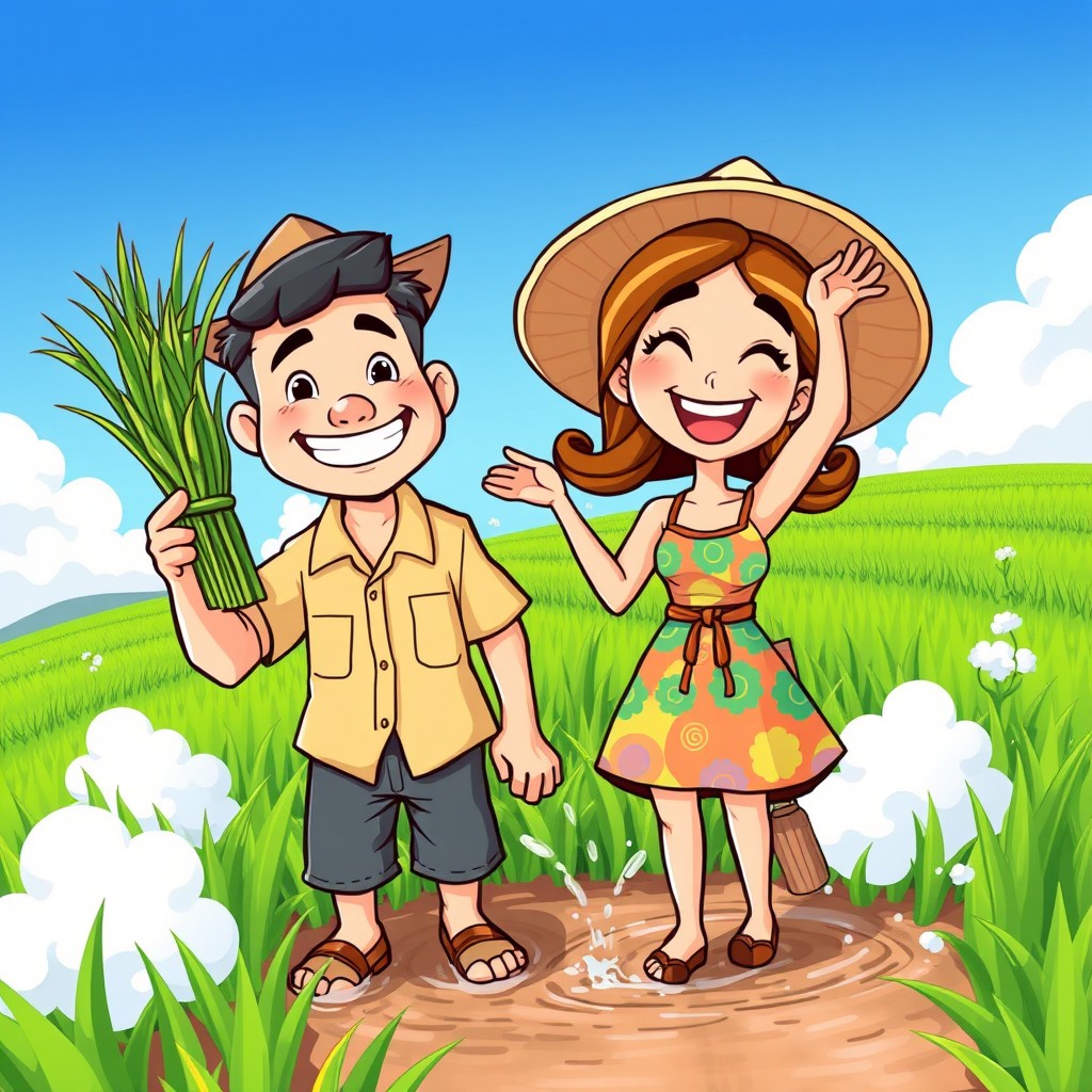 A cute cartoon-style illustration of a couple engaged in paddy farming, with exaggerated features and cheerful expressions