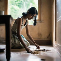 Young Indian girl named Shrusti, 22 years of age, with fair skin, black hair, and skinny arms, mopping the floor inside a traditional Indian house.