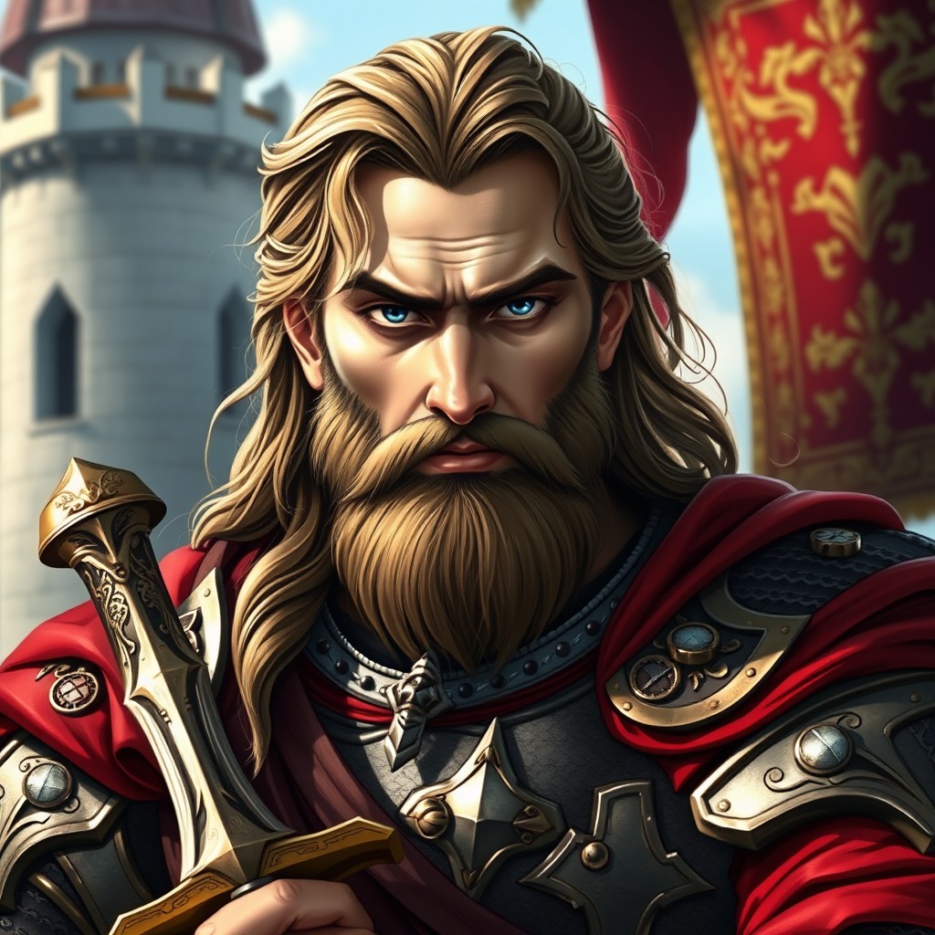 A detailed portrait of a medieval male character, showcasing his strength and nobility
