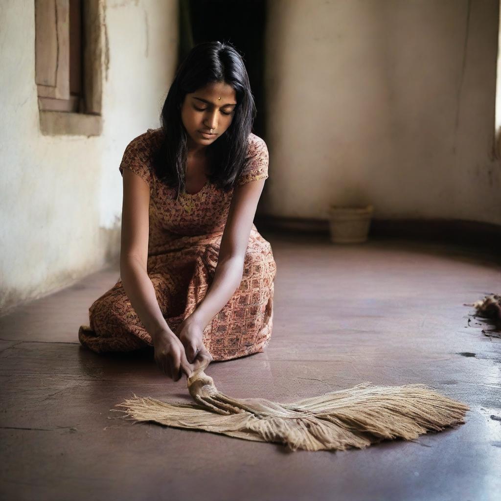 Young Indian girl named Shrusti, 22 years of age, with fair skin, black hair, and skinny arms, mopping the floor inside a traditional Indian house.