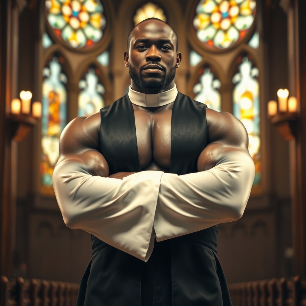 A powerful and muscular black priest standing confidently in his priestly attire, complete with a clerical collar
