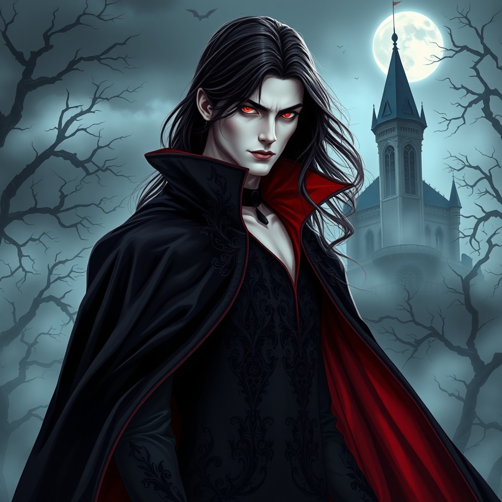 A striking vampire character design for a gothic novel cover, featuring a tall, elegant figure with pale skin and long, dark flowing hair