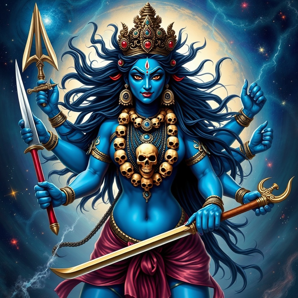 A powerful and fierce representation of the Hindu goddess Kali, depicted with her blue skin and multiple arms