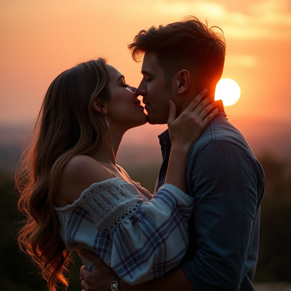 A passionate scene of a couple in love sharing a tender kiss, their bodies intimately close, depicting the emotional connection between them