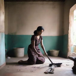 Young Indian girl named Shrusti, 22 years of age, with fair skin, black hair, and skinny arms, mopping the floor inside a traditional Indian house.