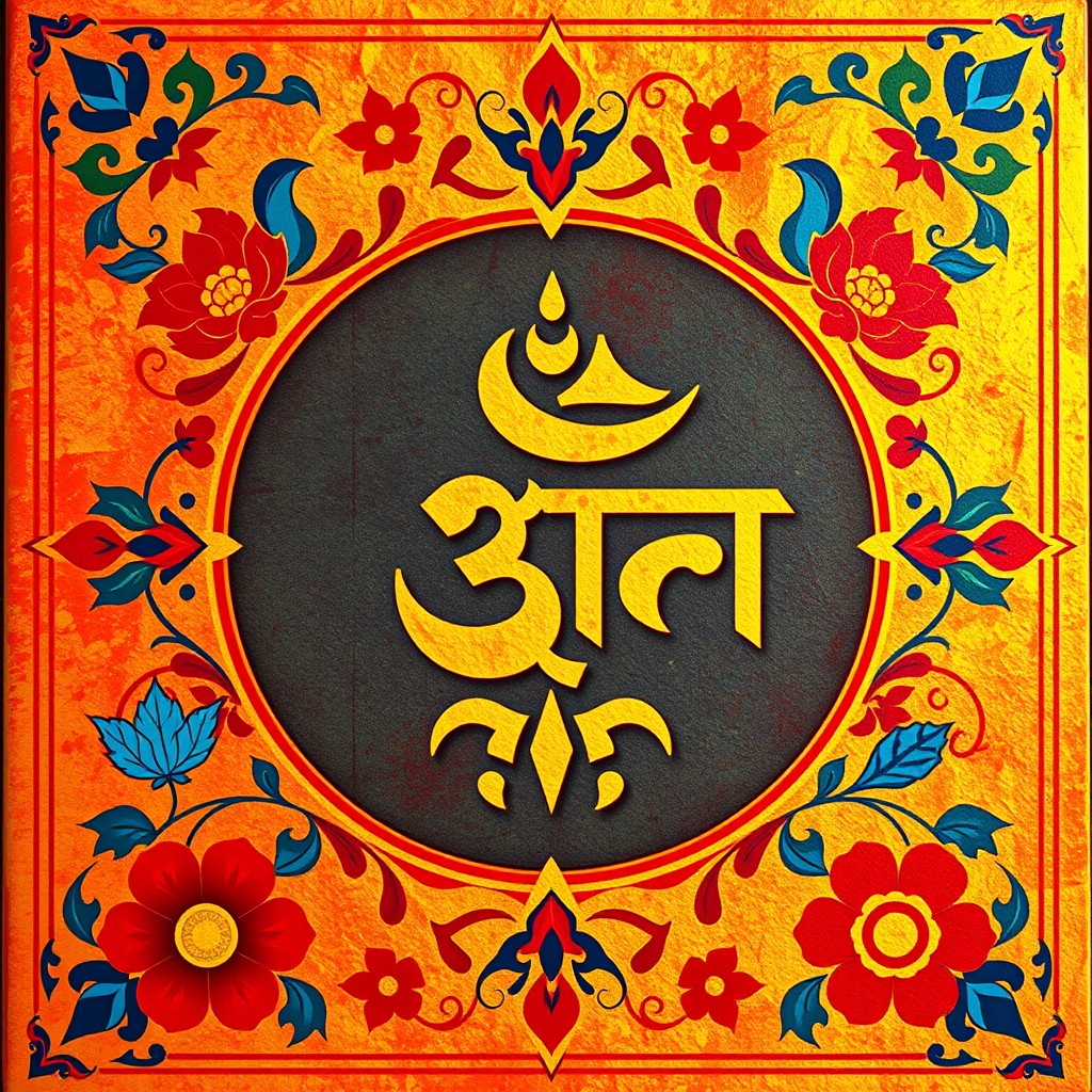 A vibrant Sanskrit-inspired cover design that features bold, colorful elements reflecting traditional art