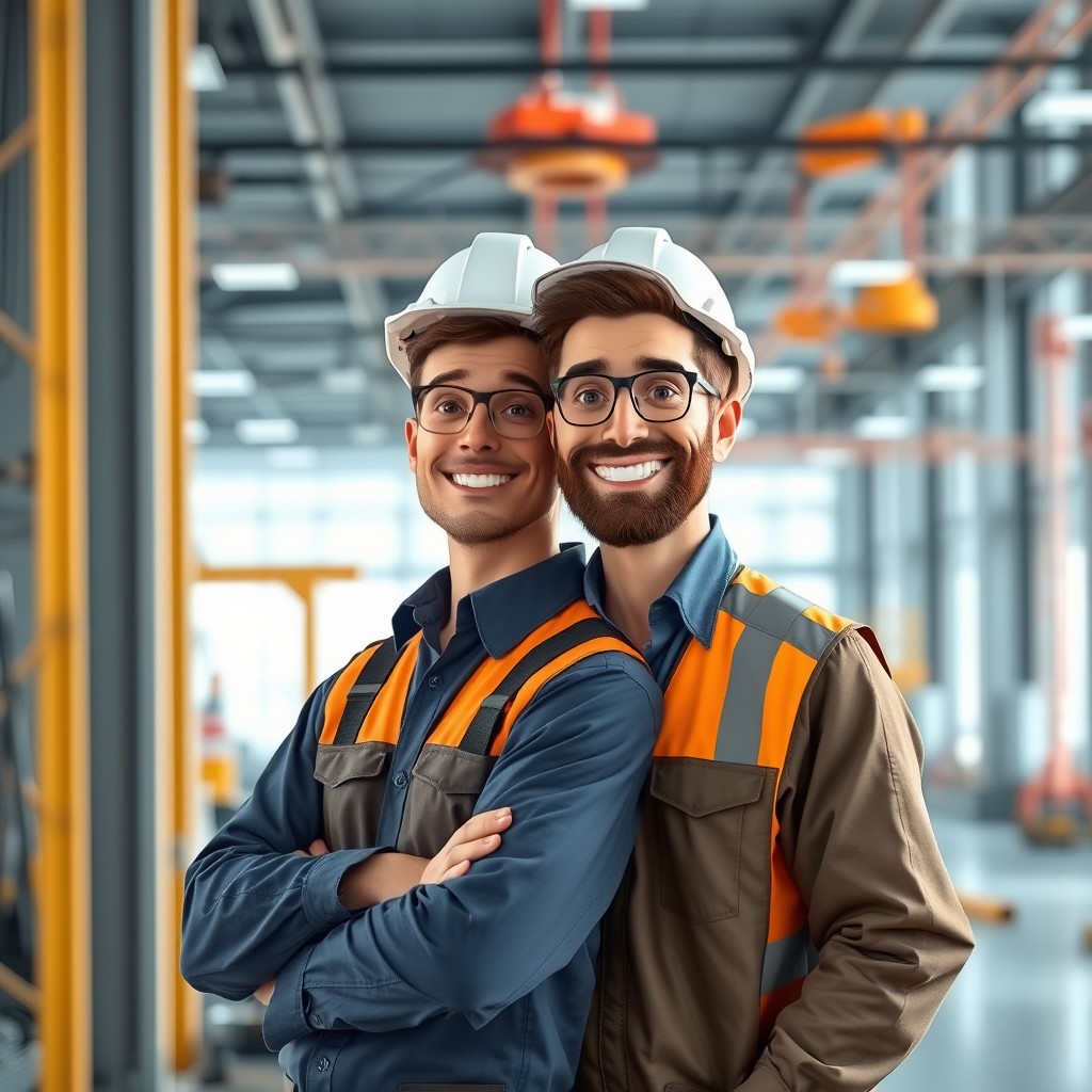 Two adult engineer brothers, dressed in professional attire (engineering outfit or business casual), working together in a modern environment (engineering office or high-tech construction site)
