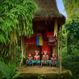 Anime style illustration of boys in traditional clothing sitting in a rustic village nestled within the jungle of Doupasi.