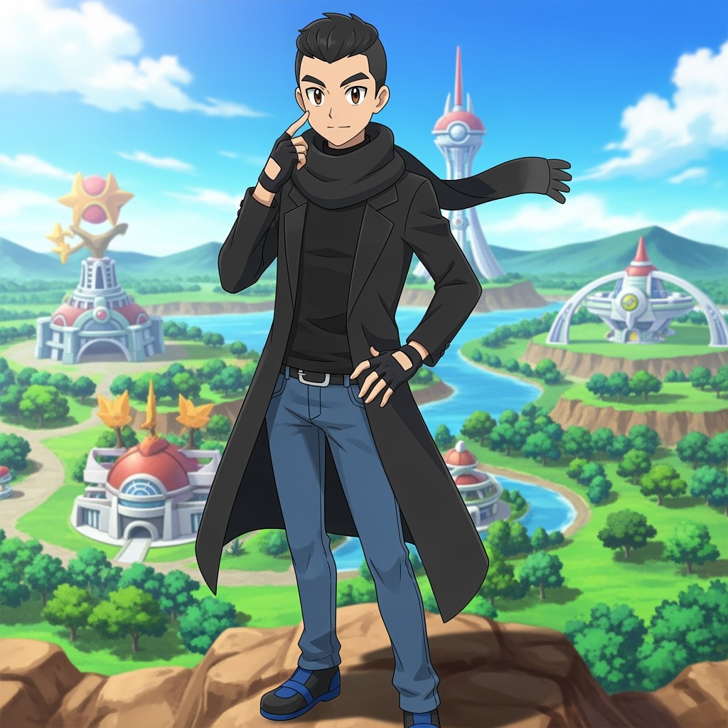 A male anime Pokemon trainer with warm beige skin and dark brown eyes, dressed in a stylish outfit featuring fingerless gloves, a black muffler scarf, and a long black blazer that reaches down to his knees