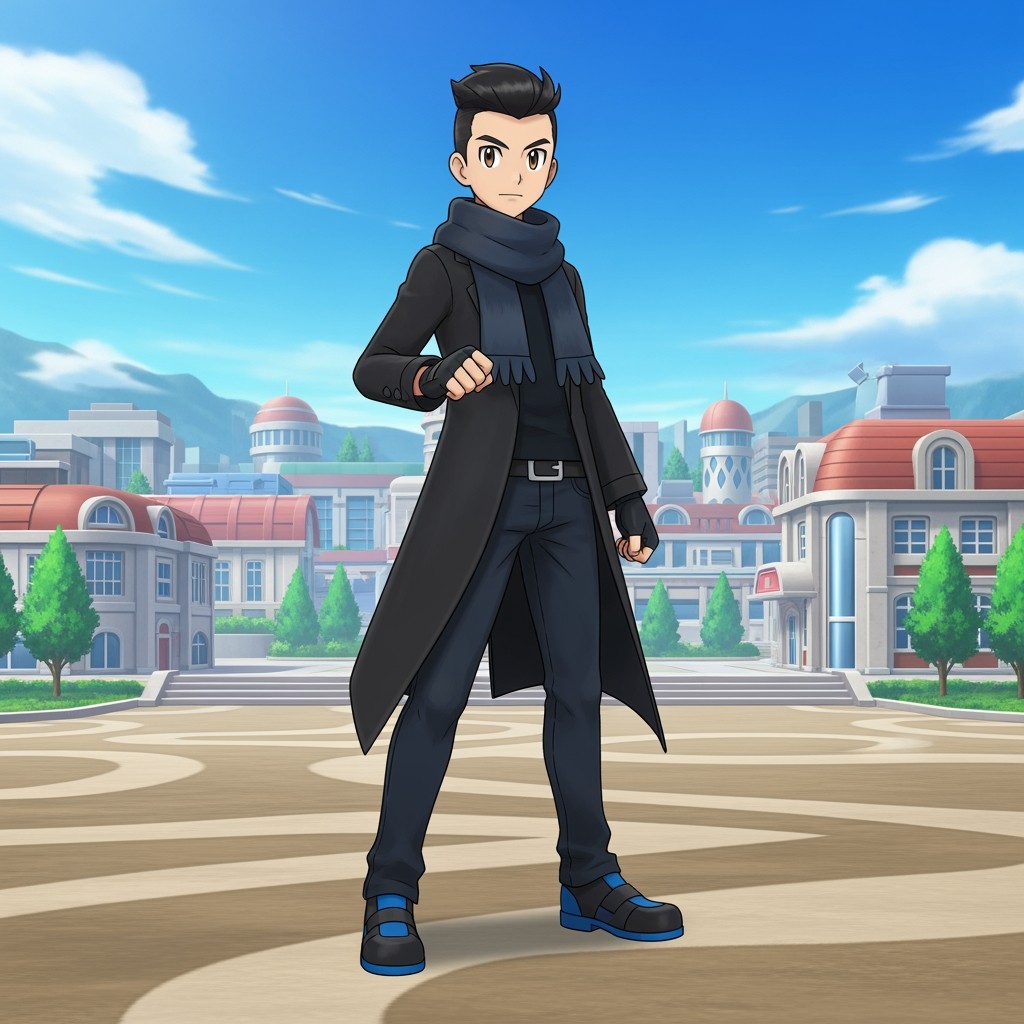 A male anime Pokemon trainer with warm beige skin and dark brown eyes, standing in a battle-ready stoic stance