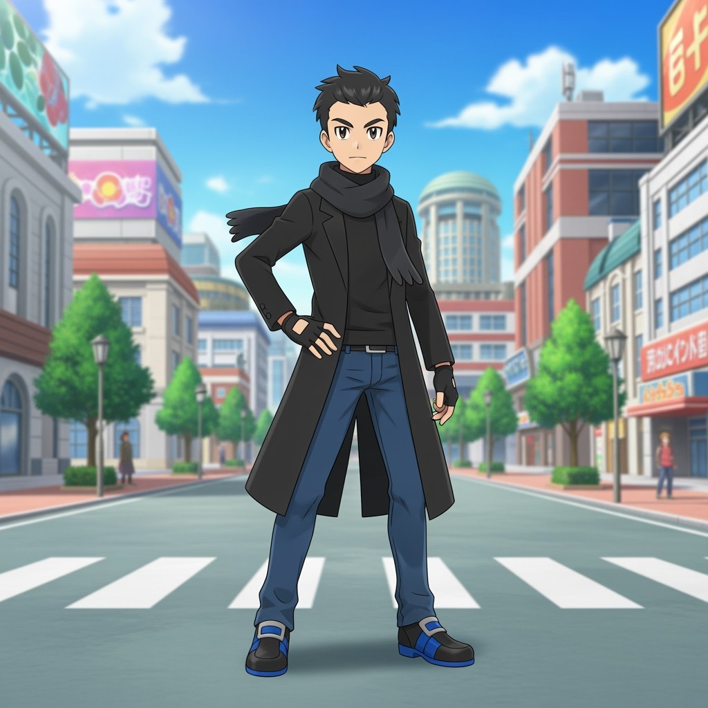 A male anime Pokemon trainer with warm beige skin and dark brown eyes, standing in a battle-ready stoic stance