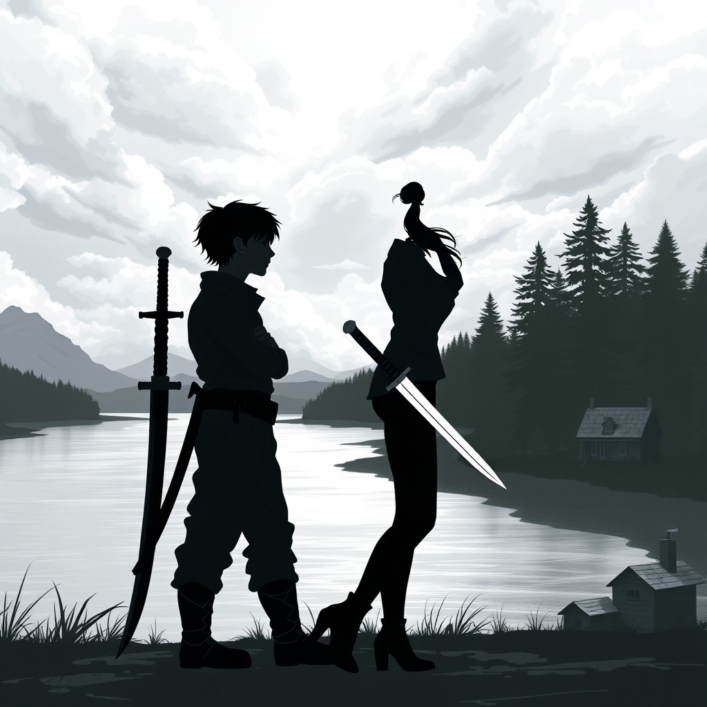 Fantasy silhouettes of a young man and woman standing in profile, embracing each other before a kiss