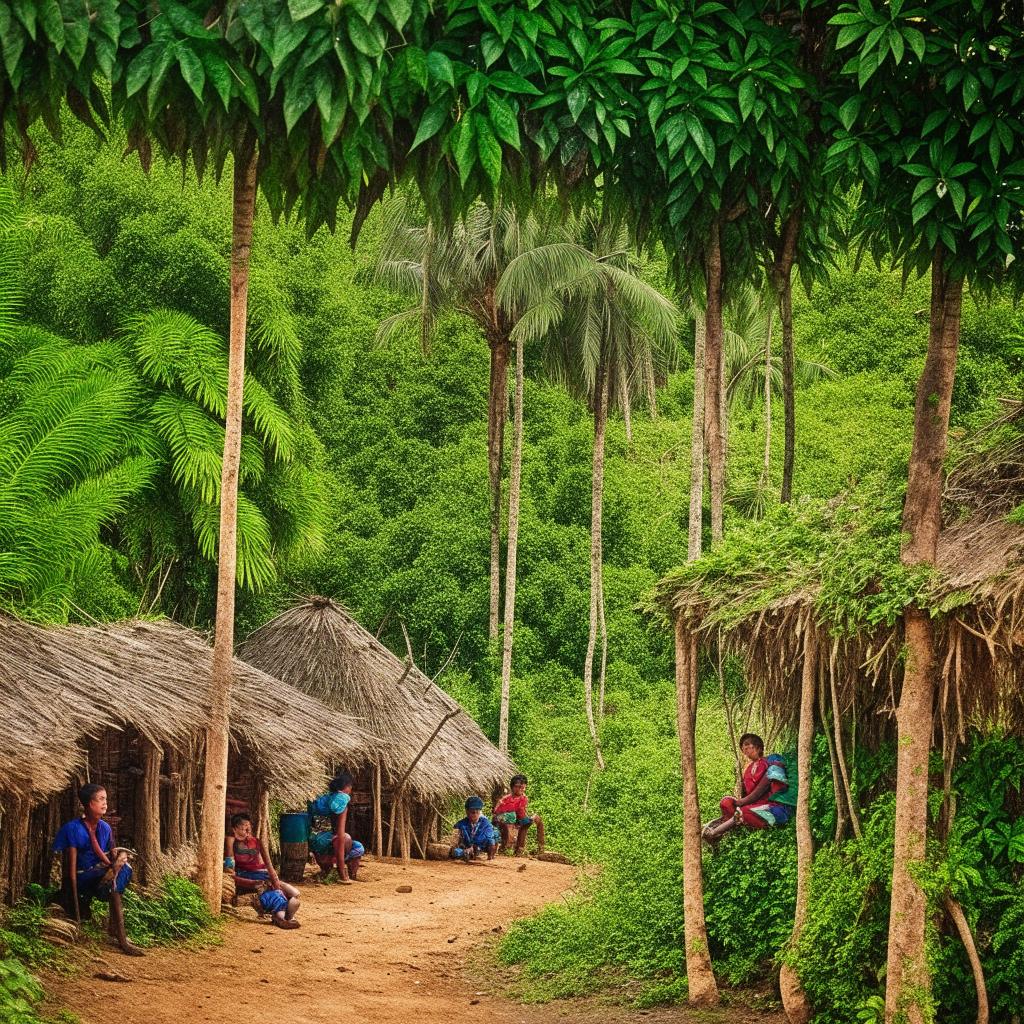 Anime style illustration of boys in traditional clothing sitting in a rustic village nestled within the jungle of Doupasi.