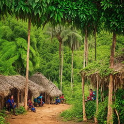 Anime style illustration of boys in traditional clothing sitting in a rustic village nestled within the jungle of Doupasi.