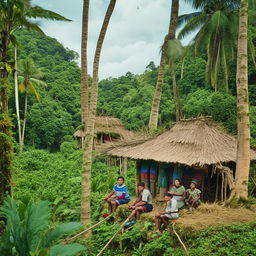 Anime style illustration of boys in traditional clothing sitting in a rustic village nestled within the jungle of Doupasi.