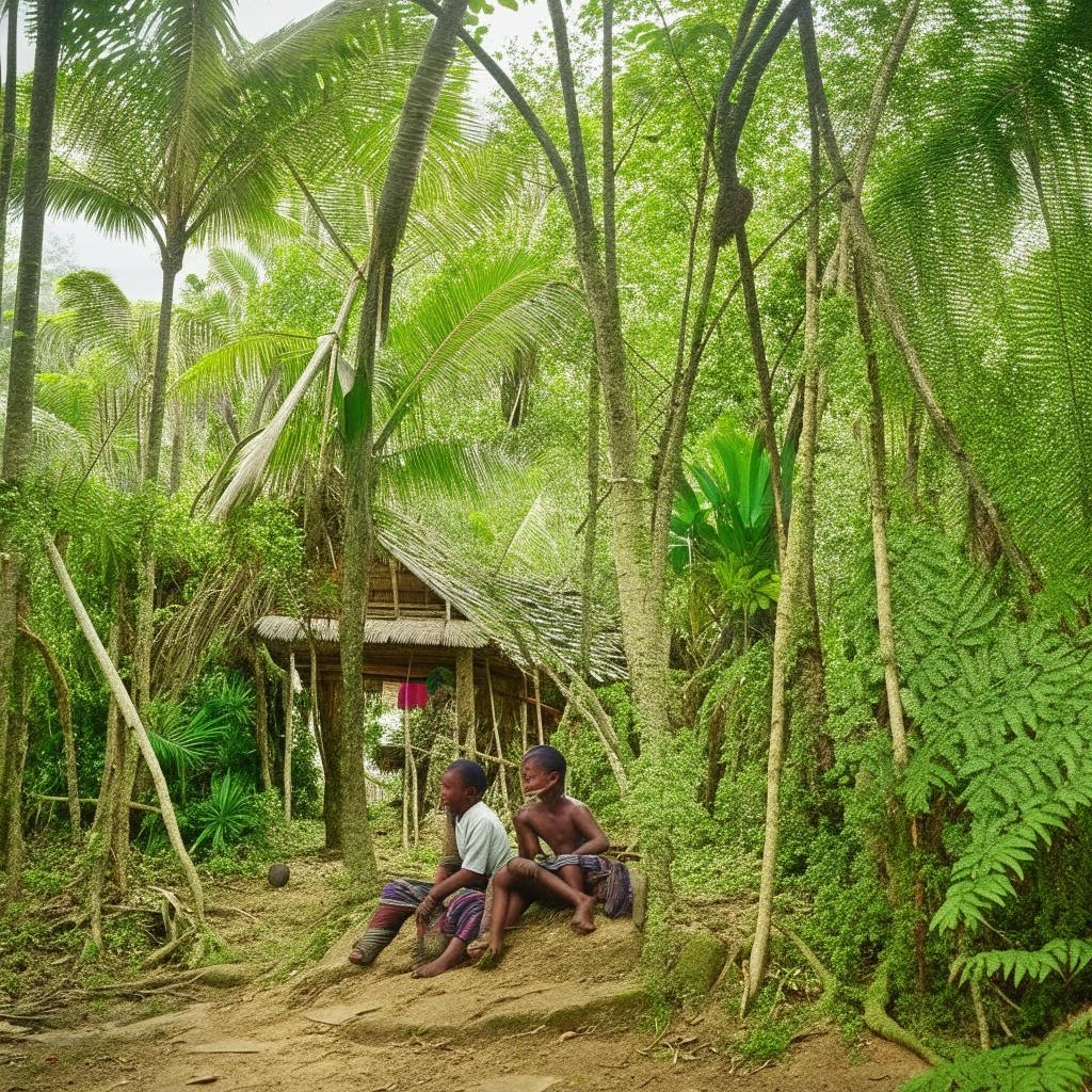 Anime style illustration of boys in traditional clothing sitting in a rustic village nestled within the jungle of Doupasi.