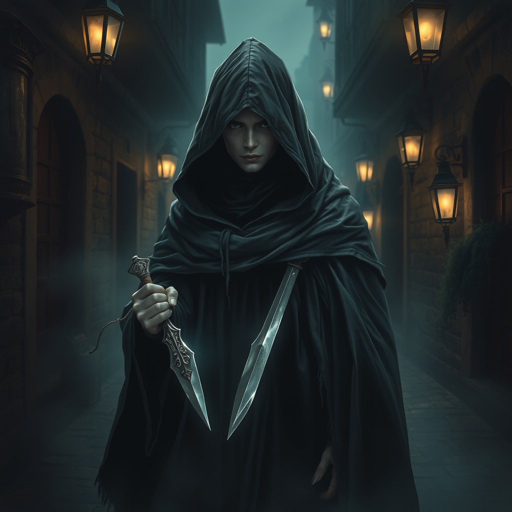 A mysterious phantom rogue character cloaked in shadow, wearing a tattered hooded cloak that billows slightly around them
