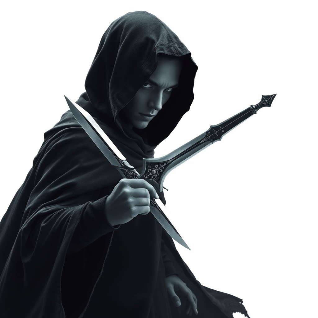 A mysterious phantom rogue character against a pure white background, cloaked in shadow with a tattered hooded cloak that seems to float around them
