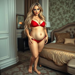 A full-length, head-to-toe photographic image of a very beautiful, pleasantly plump 21 year old woman with a soft fat padded body and very thick, long, messy dirty blond hair falling elegantly over her shoulders