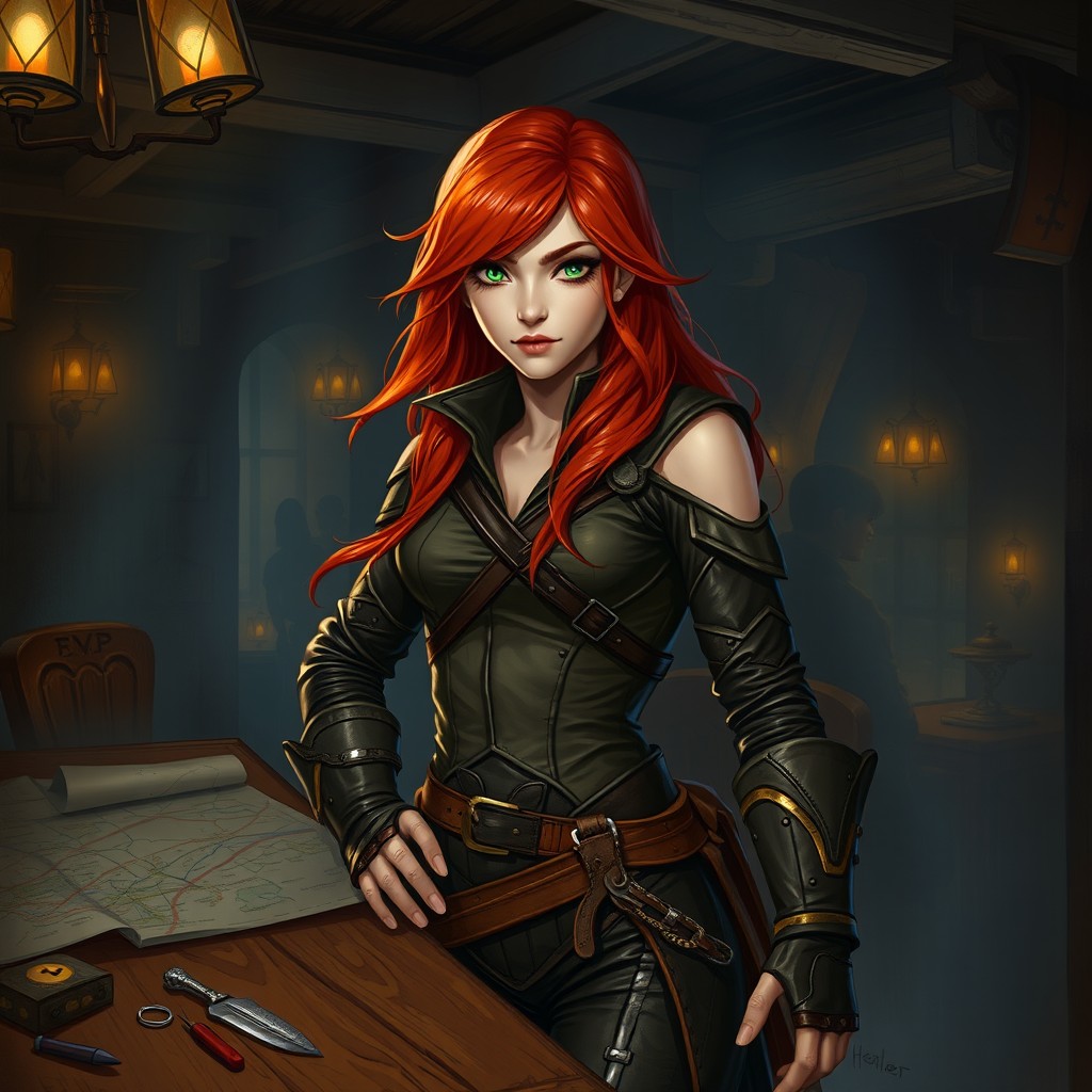 A skilled redhead female human rogue, poised and ready for action