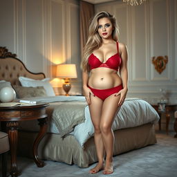 A full-length, head-to-toe photographic image of a very beautiful, pleasantly plump 21 year old woman with a soft fat padded body, exuding a seductively innocent charm