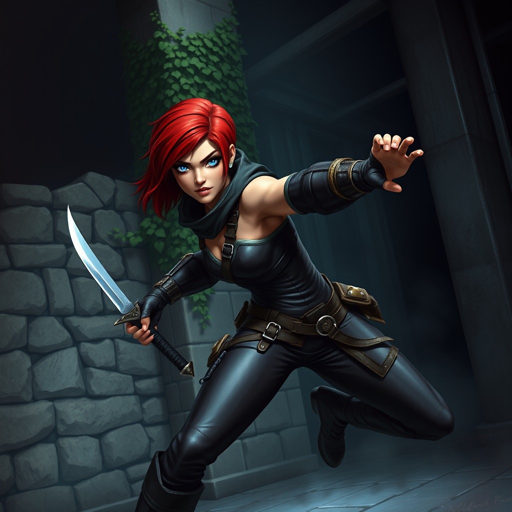 A fierce short-haired redhead female human rogue, exuding confidence and agility