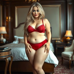 A full-length, head-to-toe photographic image of a very beautiful, pleasantly plump 21 year old woman with a soft fat padded body, radiating seductively innocent charm